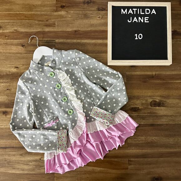 NEW Matilda Jane The Adventure Begins Lead The Way Gray Dot Pink Knit Jacket 10